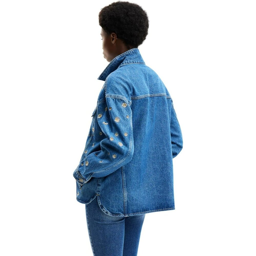 Desigual Embroidered Daisy Denim Jacket Womens Small Blue $209 Ttucker Daisy NWT